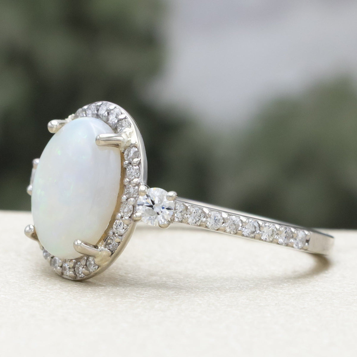 "KB" - Oval Cabochon Cut White Opal Engagement Ring With Diamond Halo & Accents - 14K White Gold - Size 5 1/4