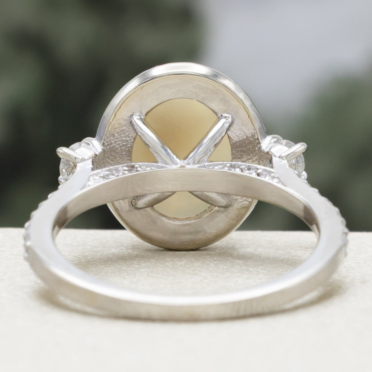 "KB" - Oval Cabochon Cut White Opal Engagement Ring With Diamond Halo & Accents - 14K White Gold - Size 5 1/4