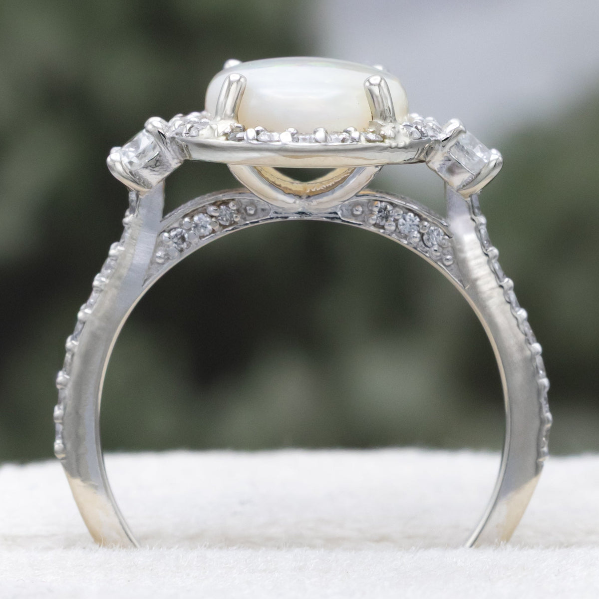 "KB" - Oval Cabochon Cut White Opal Engagement Ring With Diamond Halo & Accents - 14K White Gold - Size 5 1/4