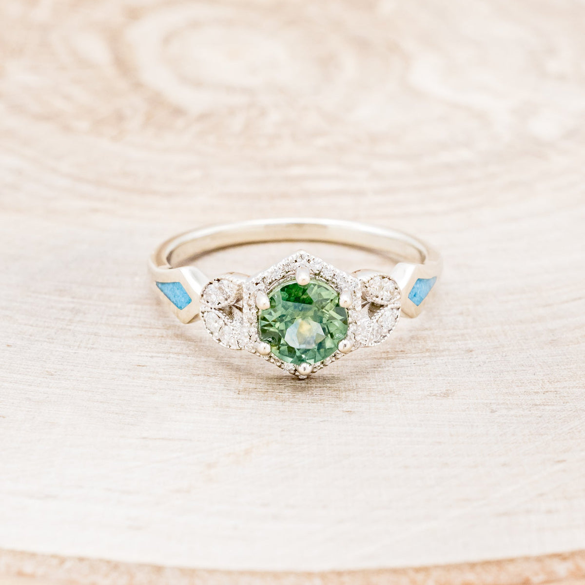 "Lucy In The Sky" Petite - Round Cut Montana Sapphire Engagement Ring With Diamond Accents & Turquoise Inlays