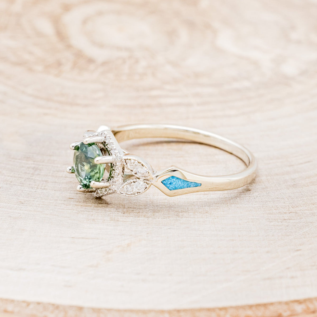 "Lucy In The Sky" Petite - Round Cut Montana Sapphire Engagement Ring With Diamond Accents & Turquoise Inlays
