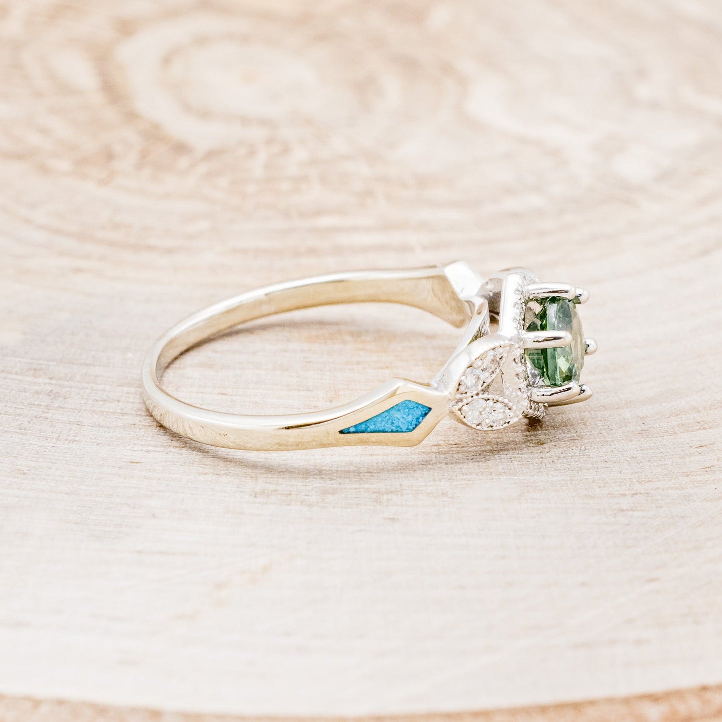 "Lucy In The Sky" Petite - Round Cut Montana Sapphire Engagement Ring With Diamond Accents & Turquoise Inlays
