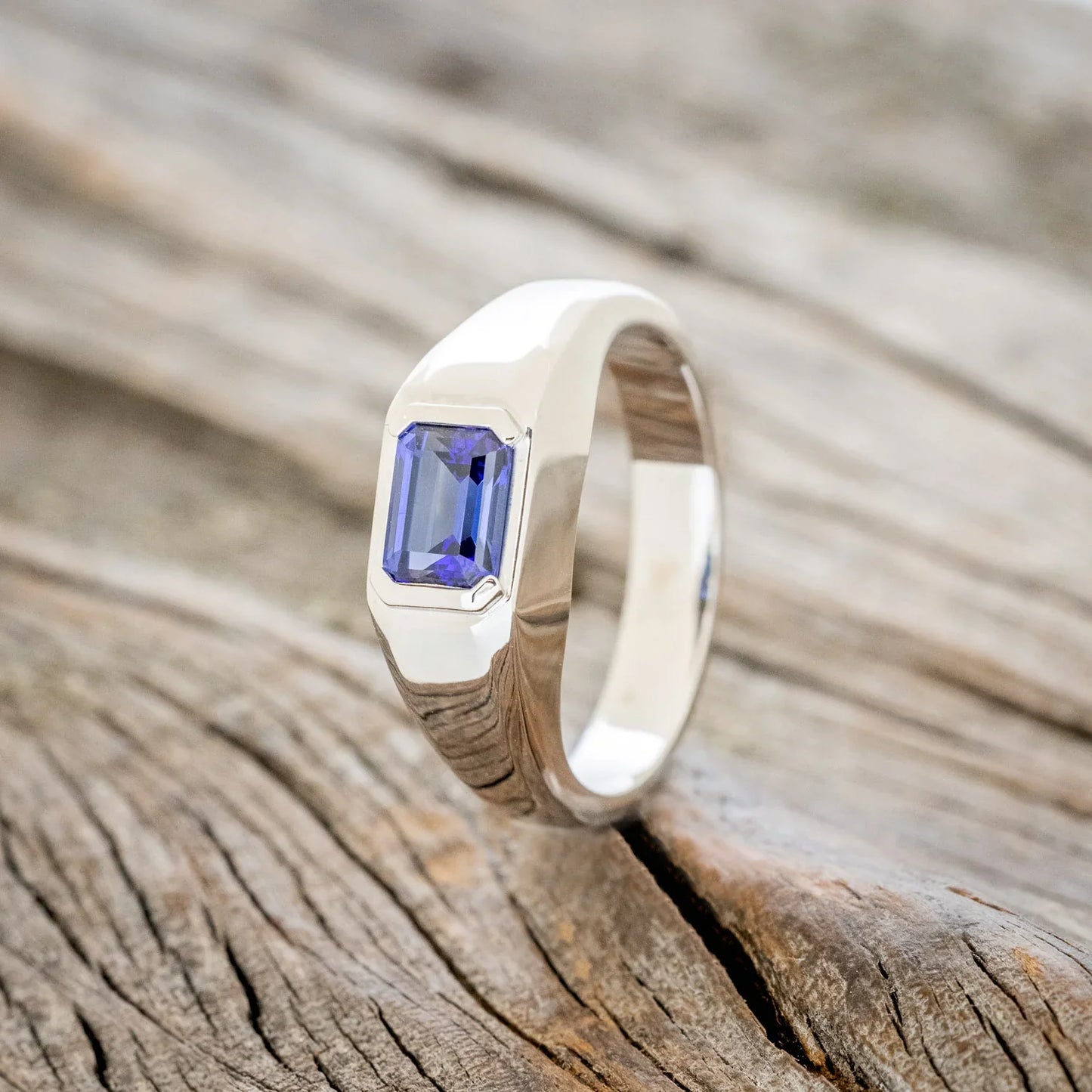 "Arthur" - Bezel Set Lab-Grown Sapphire Wedding Band - 14K White Gold - Size 10 3/4