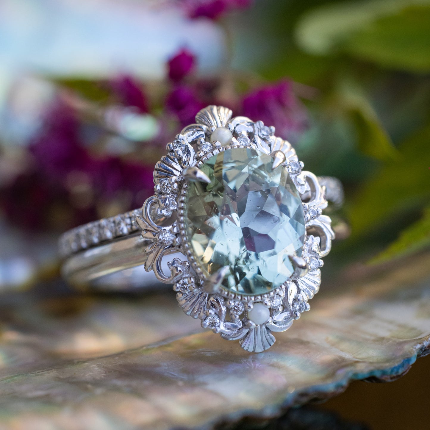 "Merrow" - Oval Cut Prasiolite Engagement Ring With Pearl Accents And Diamond Tracer