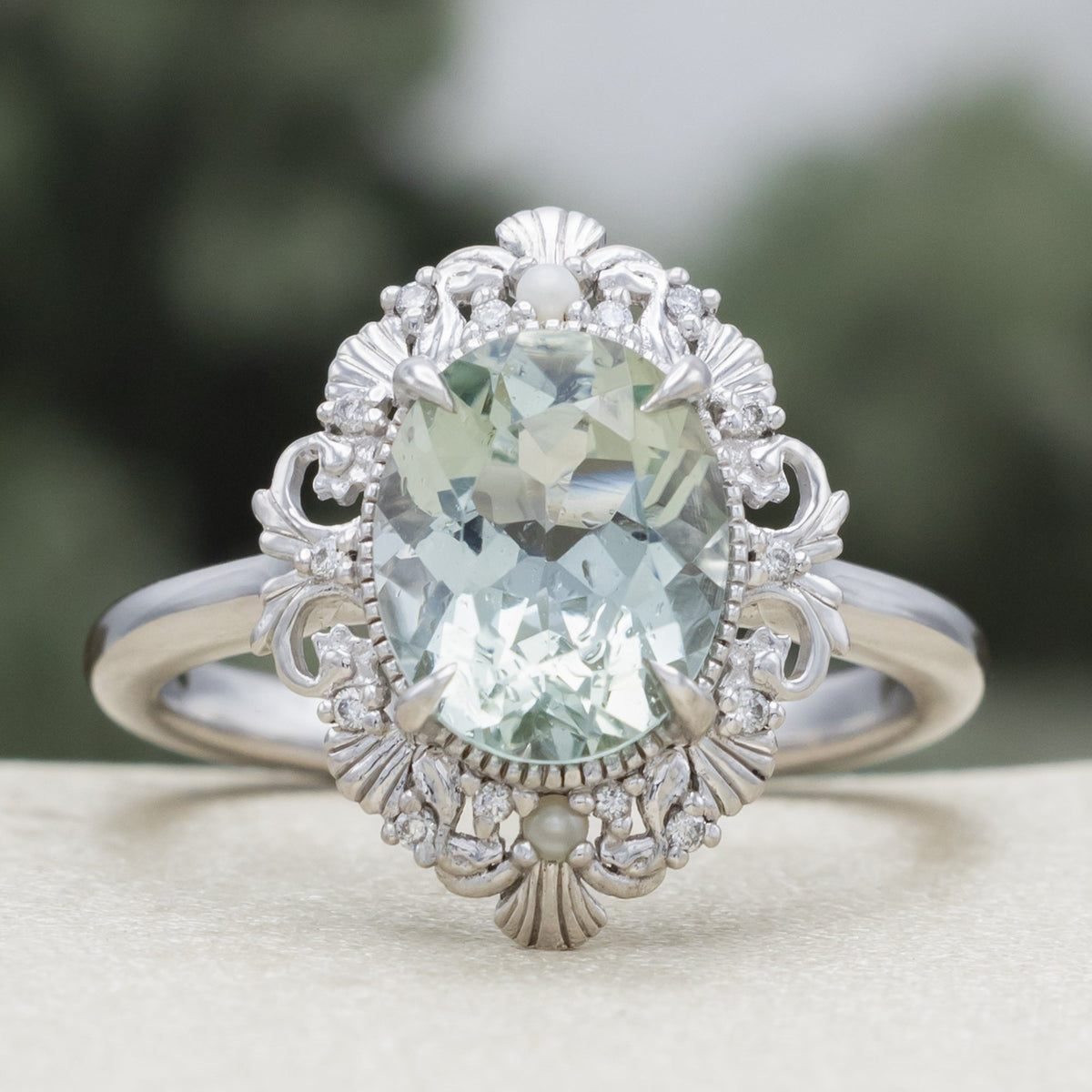 "Merrow" - Oval Cut Prasiolite Engagement Ring With Pearl Accents And Diamond Tracer