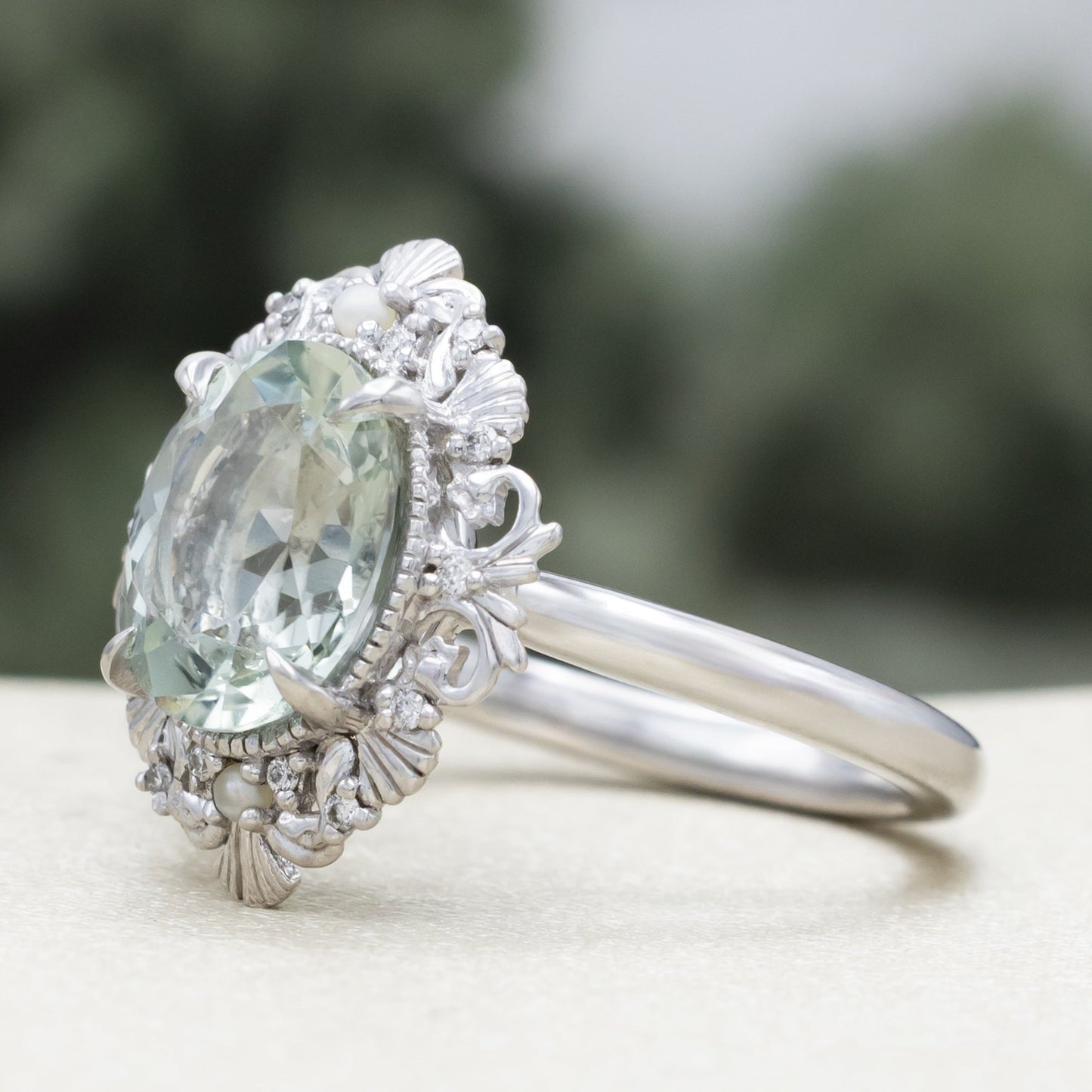"Merrow" - Oval Cut Prasiolite Engagement Ring With Pearl Accents And Diamond Tracer