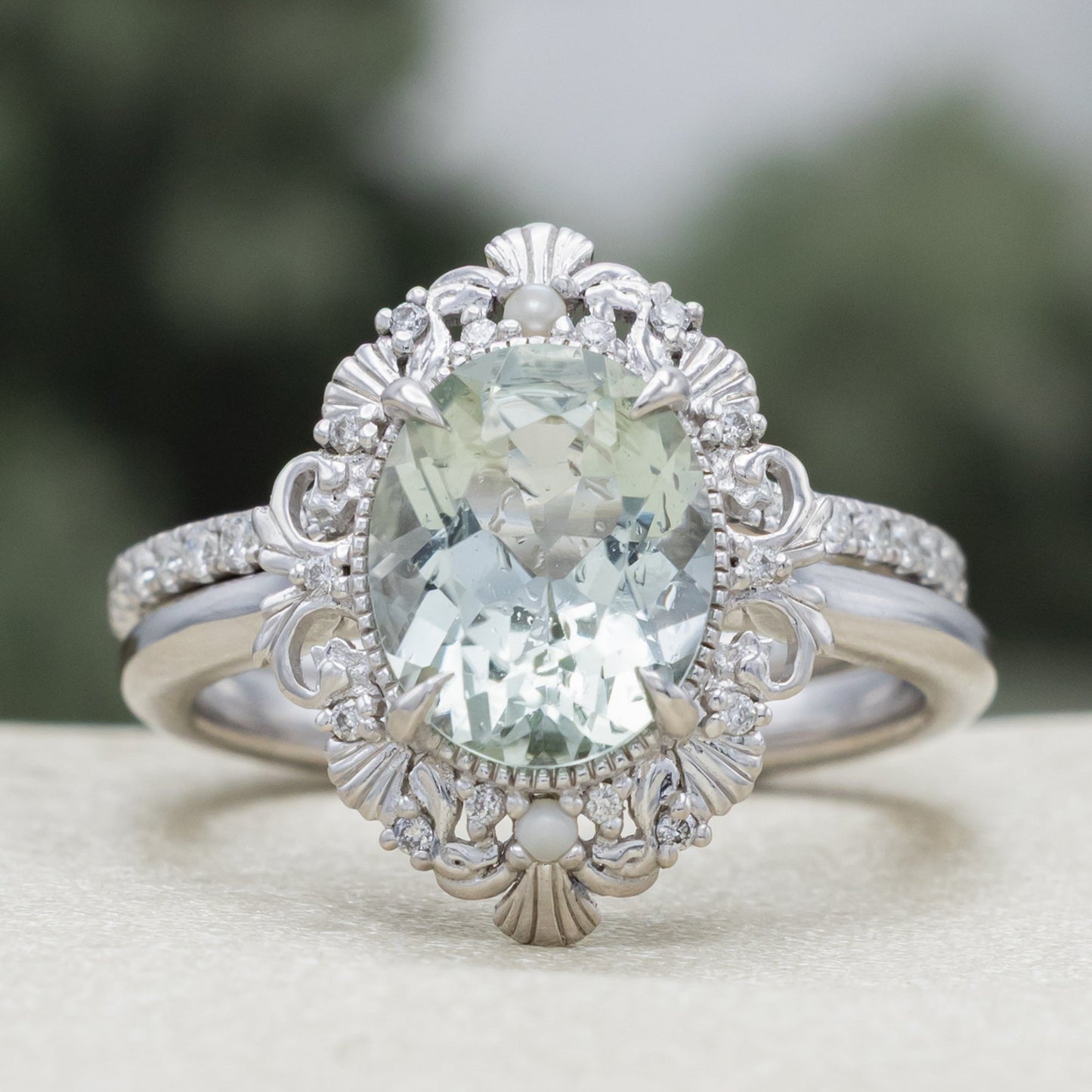 "Merrow" - Oval Cut Prasiolite Engagement Ring With Pearl Accents And Diamond Tracer