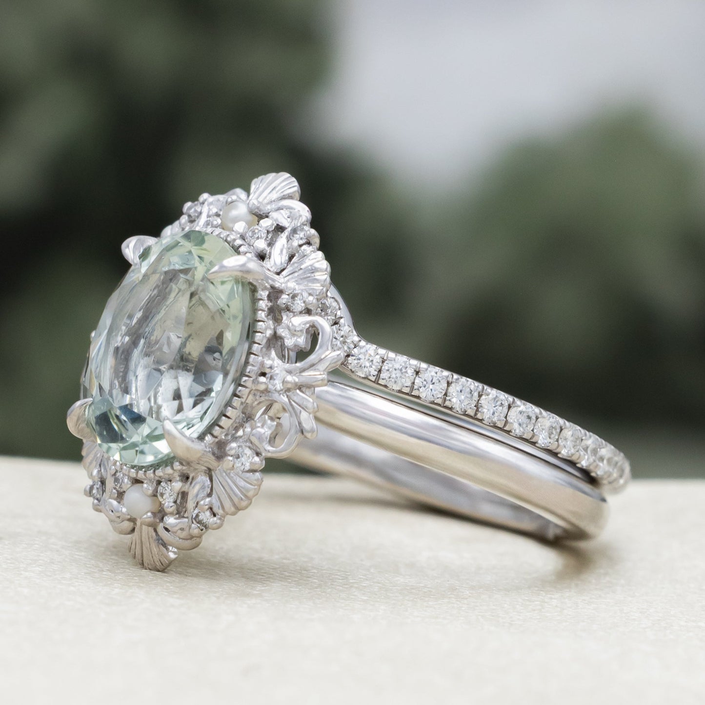 "Merrow" - Oval Cut Prasiolite Engagement Ring With Pearl Accents And Diamond Tracer