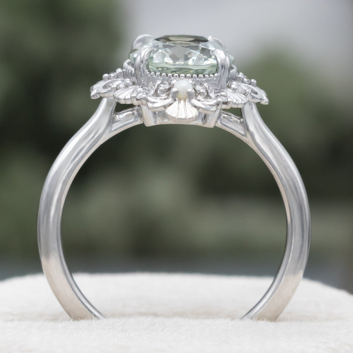 "Merrow" - Oval Cut Prasiolite Engagement Ring With Pearl Accents And Diamond Tracer