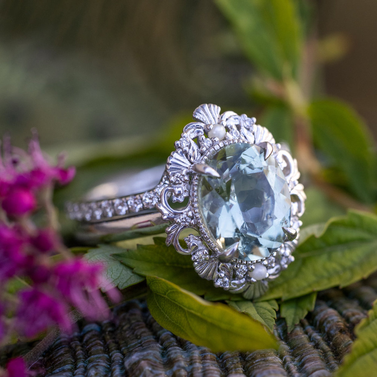 "Merrow" - Oval Cut Prasiolite Engagement Ring With Pearl Accents And Diamond Tracer