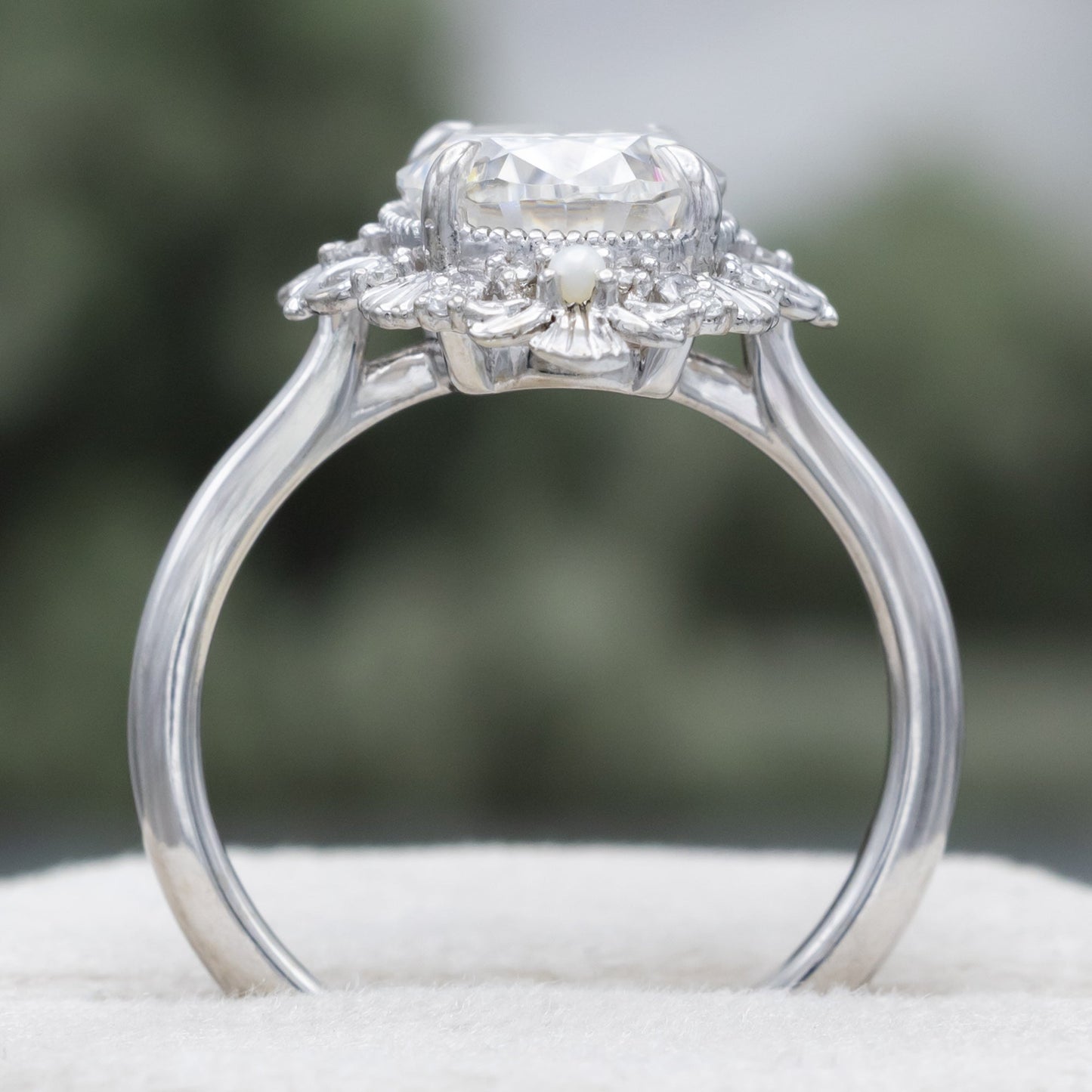 "Merrow" - Moissanite Engagement Ring With Pearl Accents And Diamond Tracer