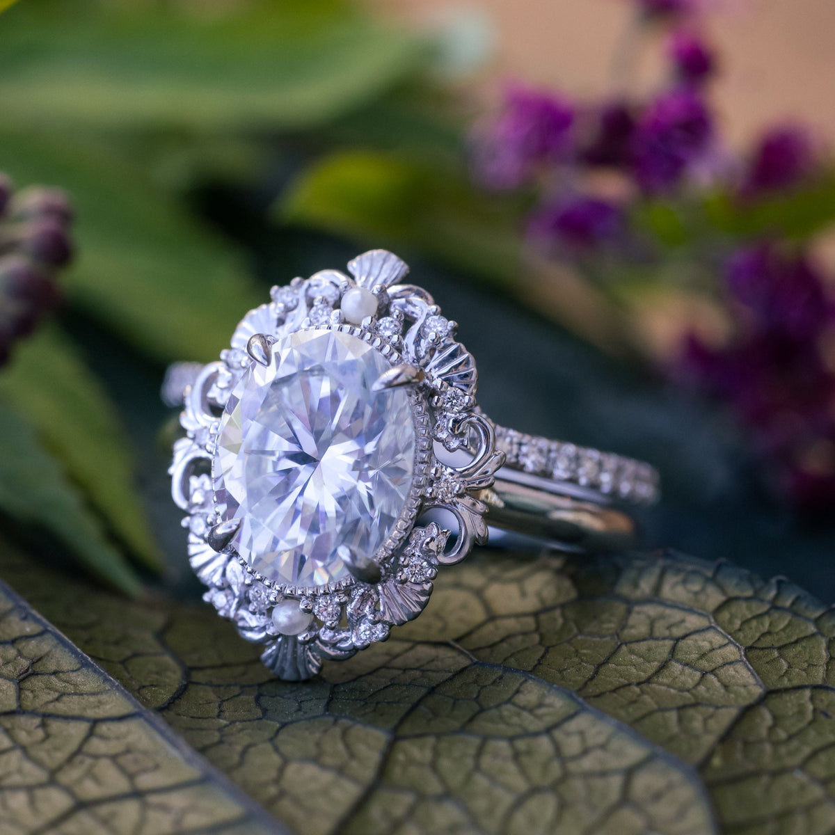 "Merrow" - Moissanite Engagement Ring With Pearl Accents And Diamond Tracer