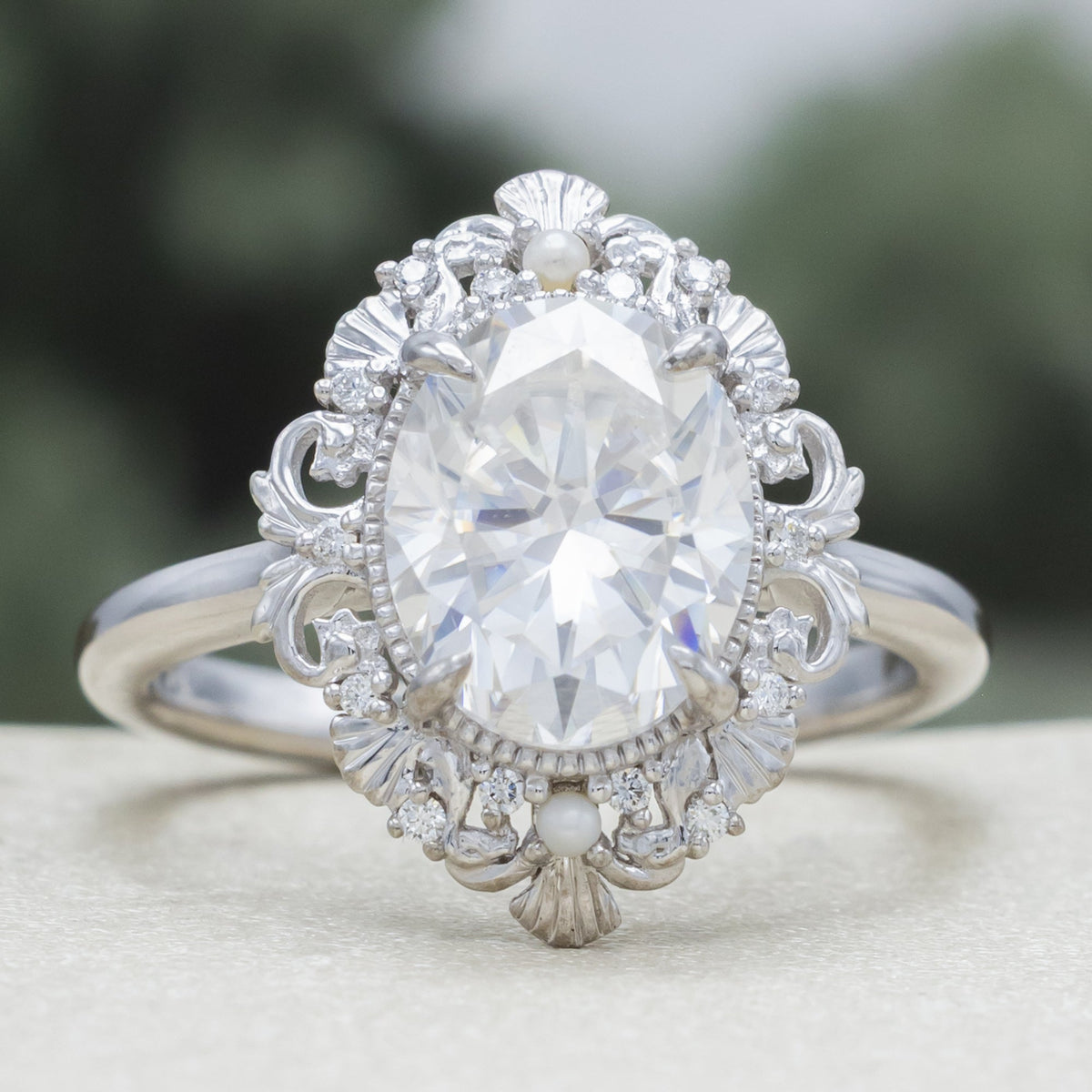 "Merrow" - Moissanite Engagement Ring With Pearl Accents And Diamond Tracer