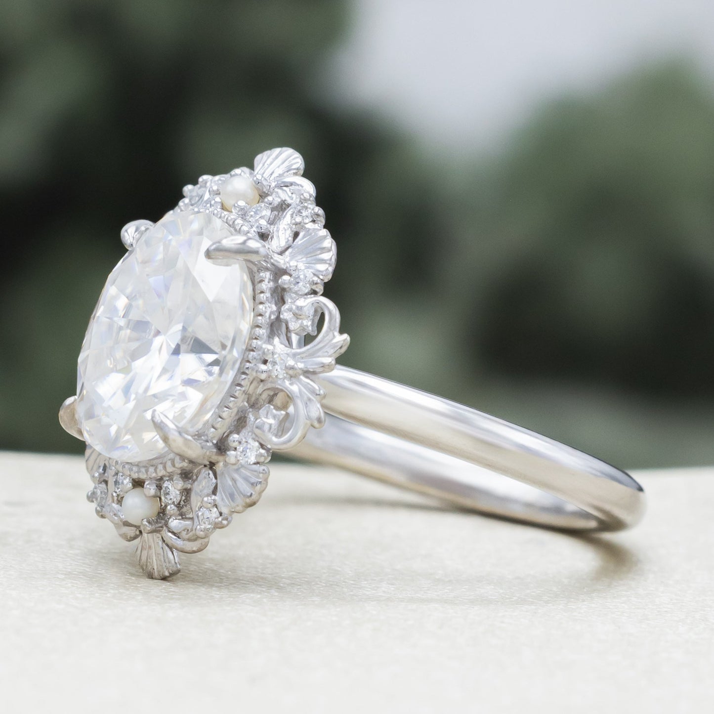 "Merrow" - Moissanite Engagement Ring With Pearl Accents And Diamond Tracer