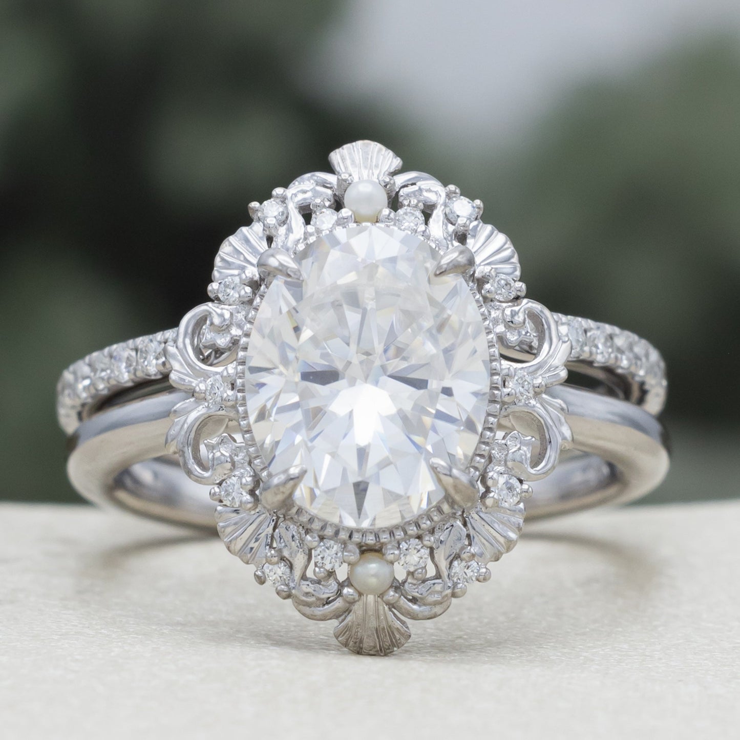 "Merrow" - Moissanite Engagement Ring With Pearl Accents And Diamond Tracer