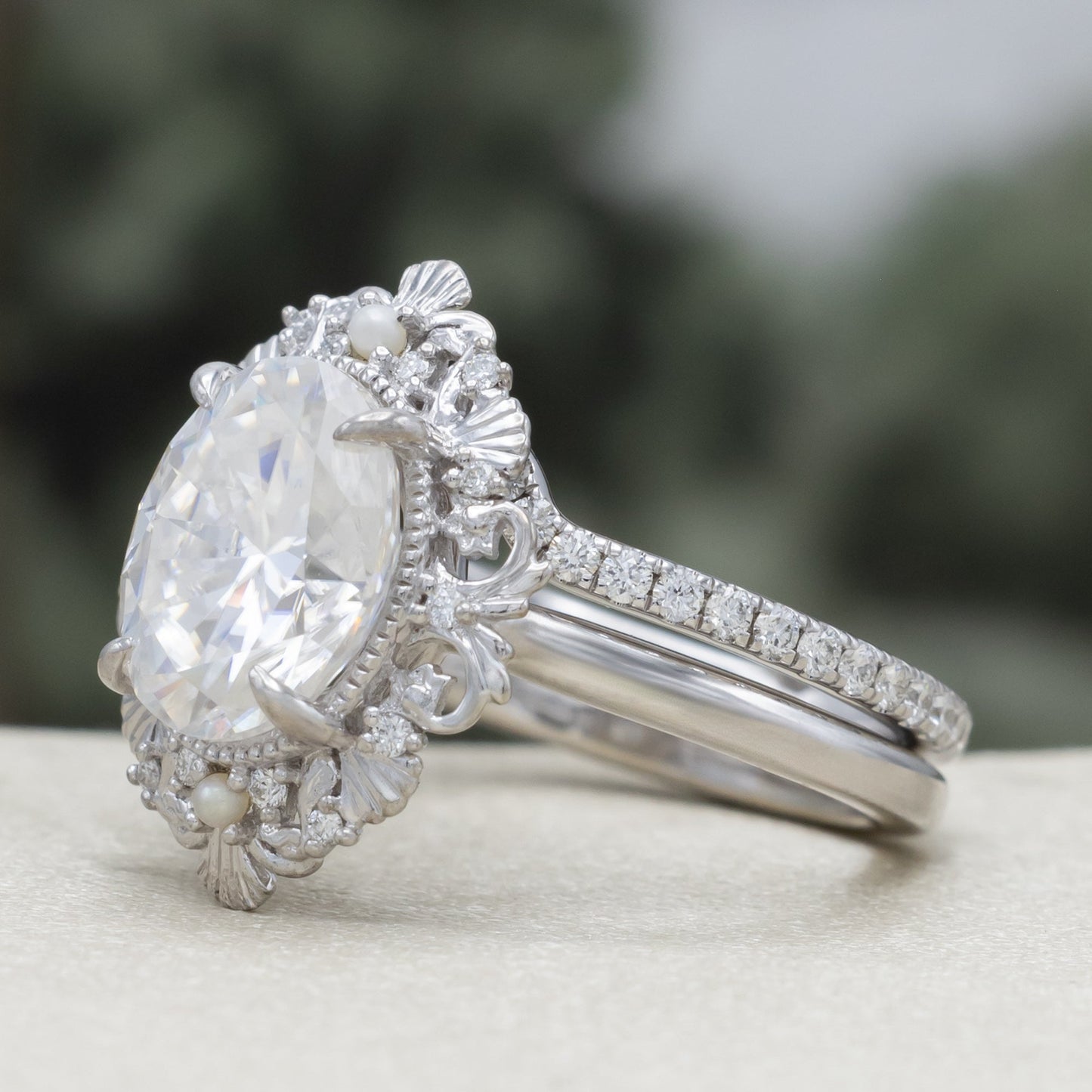 "Merrow" - Moissanite Engagement Ring With Pearl Accents And Diamond Tracer