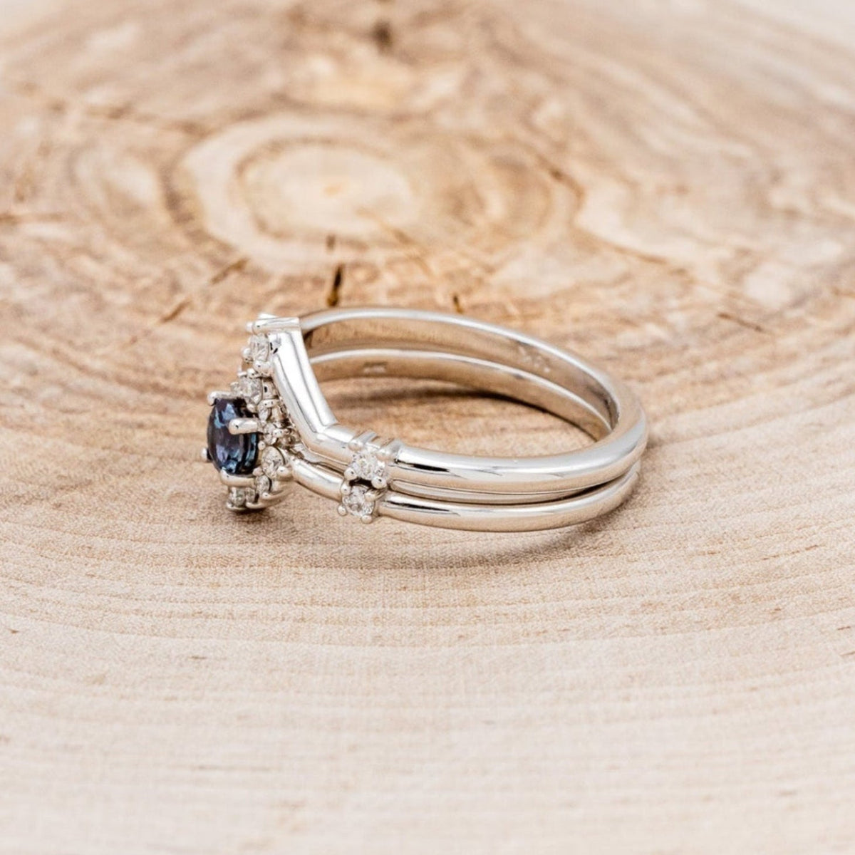 "Starla" - Round Cut Lab-Grown Alexandrite Engagement Ring With Starburst Diamond Halo