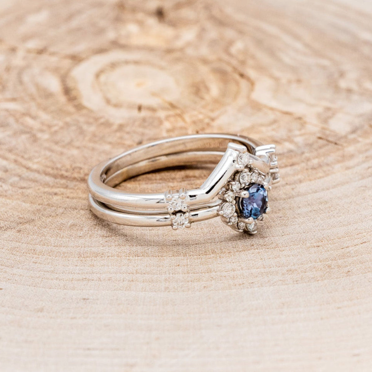 "Starla" - Round Cut Lab-Grown Alexandrite Engagement Ring With Starburst Diamond Halo