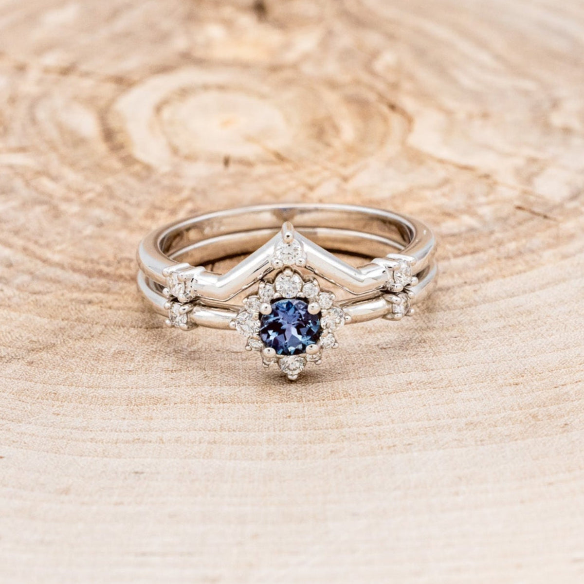 "Starla" - Round Cut Lab-Grown Alexandrite Engagement Ring With Starburst Diamond Halo