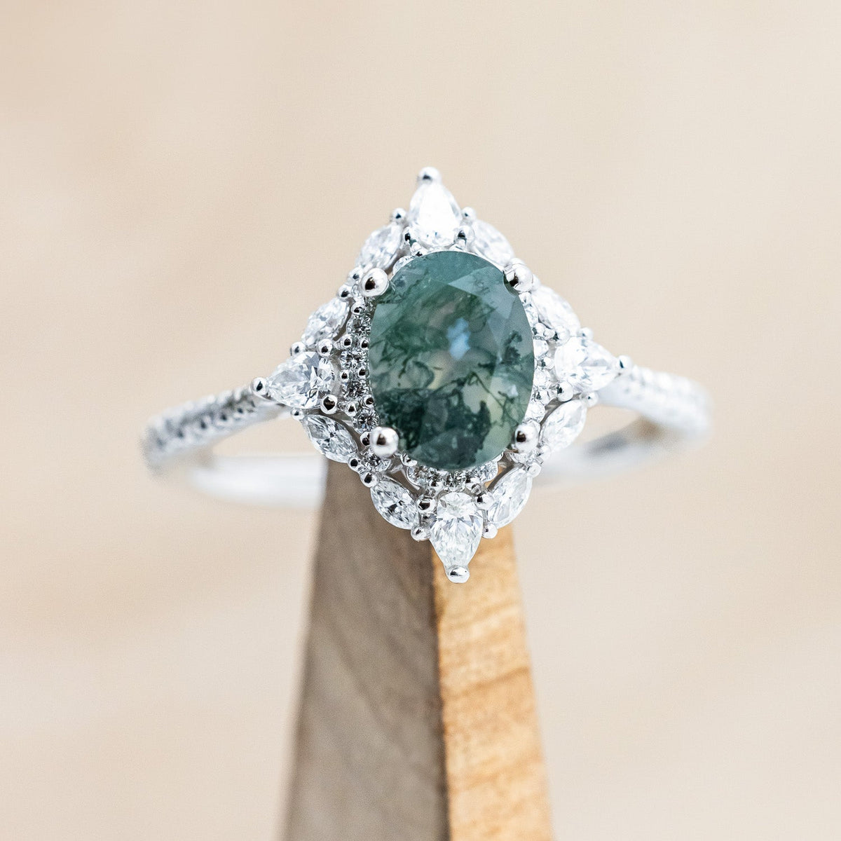 "North Star" - Oval Cut Moss Agate Engagement Ring With A Diamond Tracer
