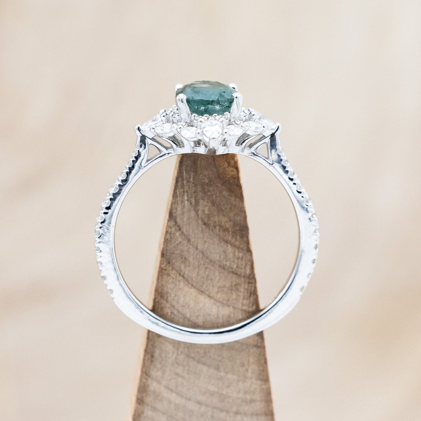 "North Star" - Oval Cut Moss Agate Engagement Ring With A Diamond Tracer