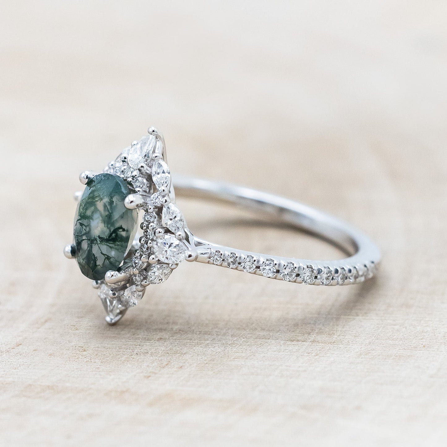 "North Star" - Oval Cut Moss Agate Engagement Ring With A Diamond Tracer