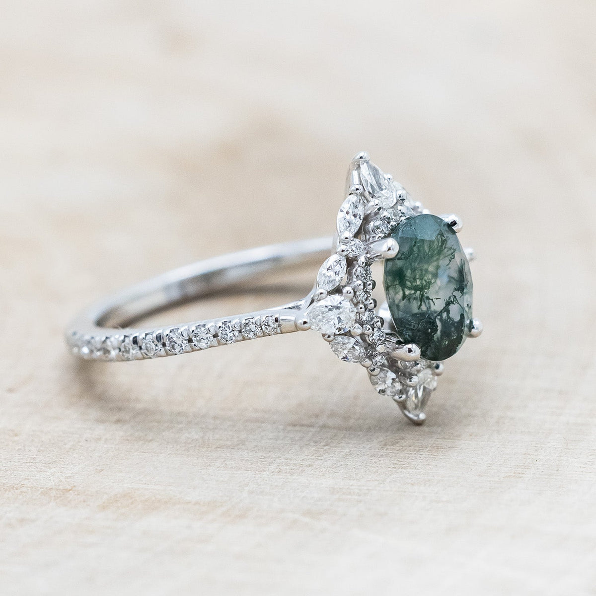 "North Star" - Oval Cut Moss Agate Engagement Ring With A Diamond Tracer