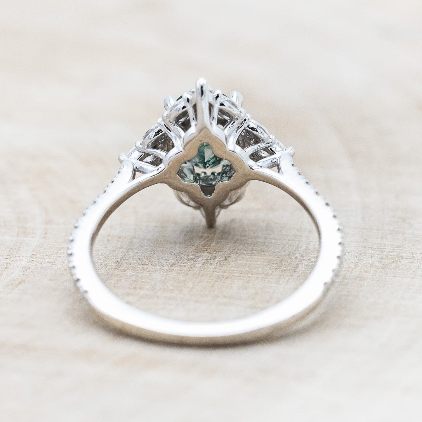 "North Star" - Oval Cut Moss Agate Engagement Ring With A Diamond Tracer