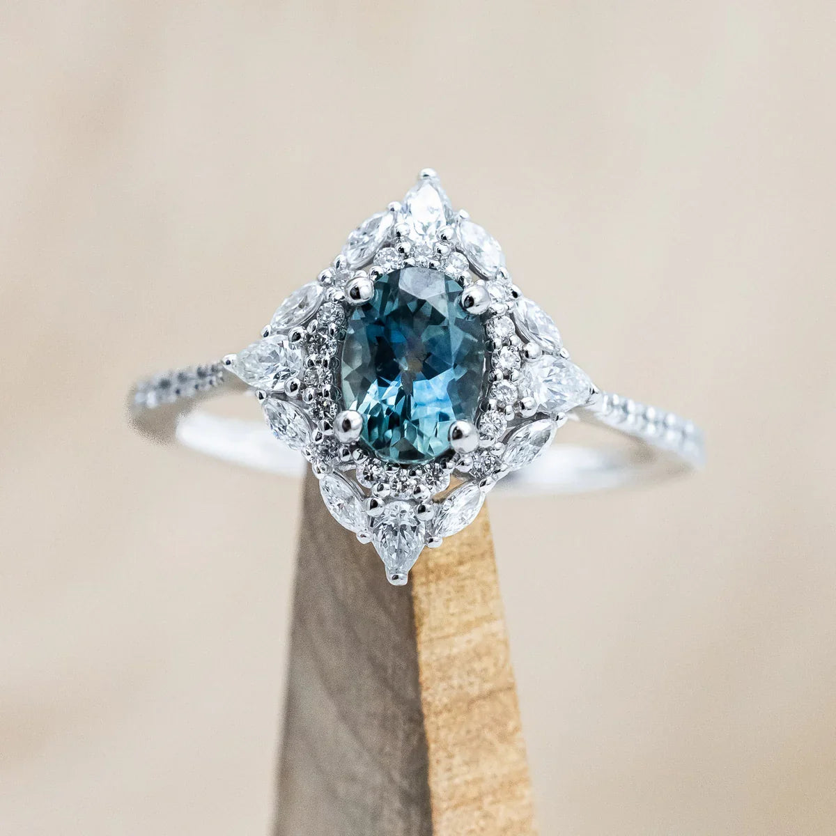 "North Star" - Oval Cut Montana Sapphire Engagement Ring With Diamond Halo & Accents - 14K White Gold - Size 7 1/4