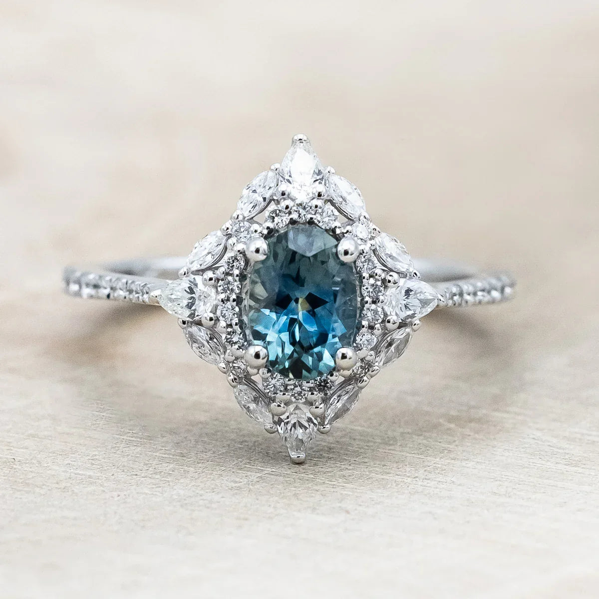 "North Star" - Oval Cut Montana Sapphire Engagement Ring With Diamond Halo & Accents - 14K White Gold - Size 7 1/4