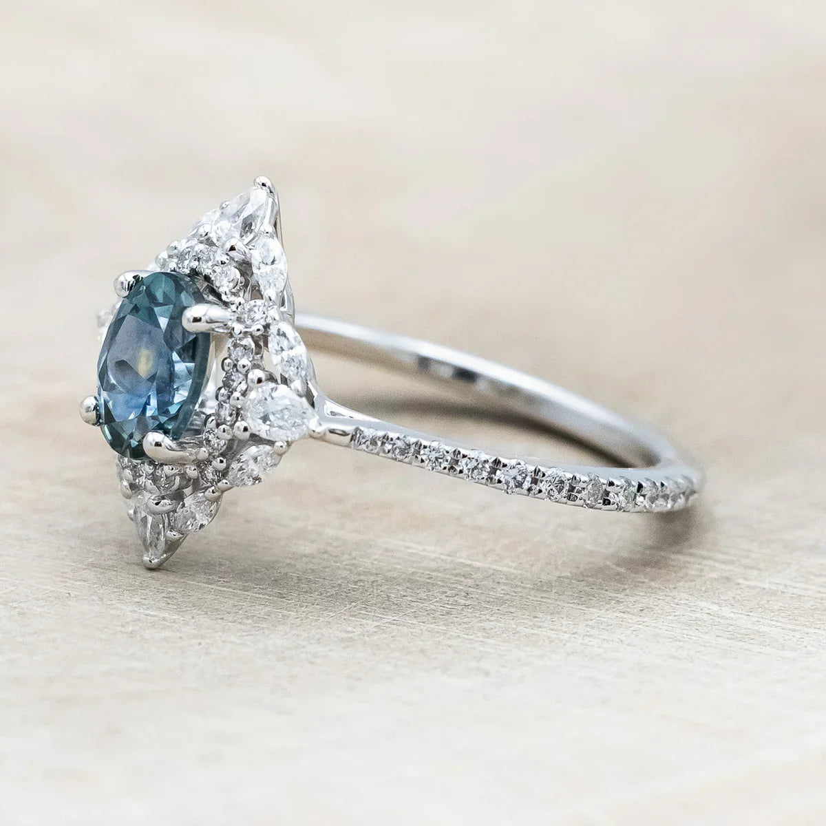 "North Star" - Oval Cut Montana Sapphire Engagement Ring With Diamond Halo & Accents - 14K White Gold - Size 7 1/4