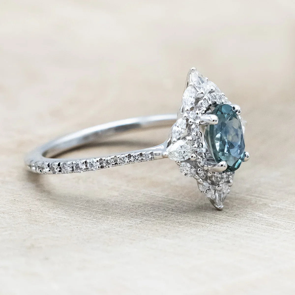 "North Star" - Oval Cut Montana Sapphire Engagement Ring With Diamond Halo & Accents - 14K White Gold - Size 7 1/4