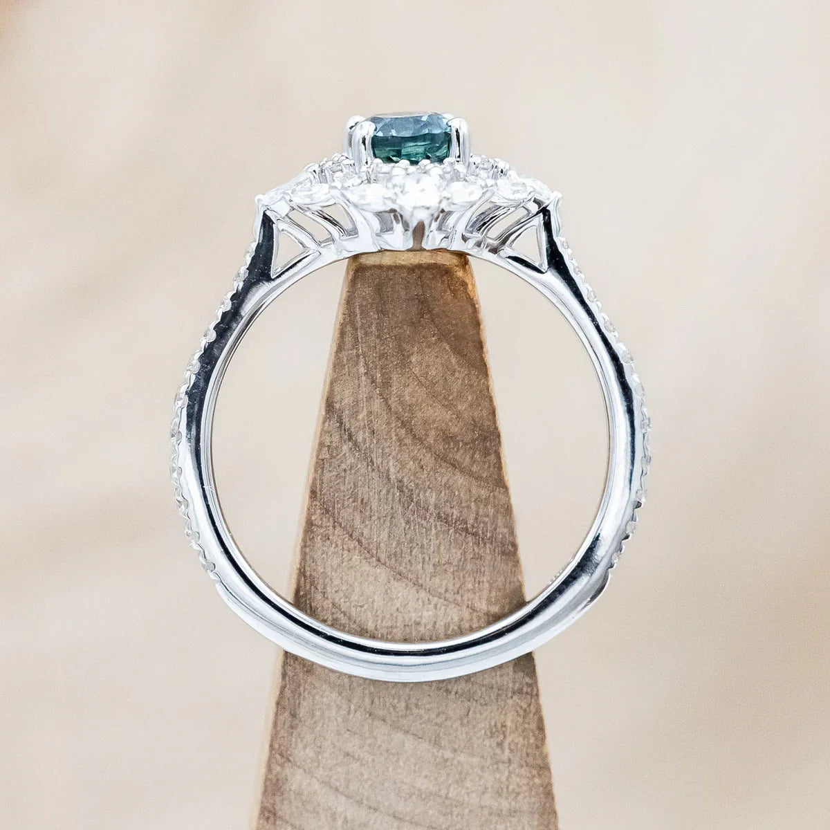 "North Star" - Oval Cut Montana Sapphire Engagement Ring With Diamond Halo & Accents - 14K White Gold - Size 7 1/4