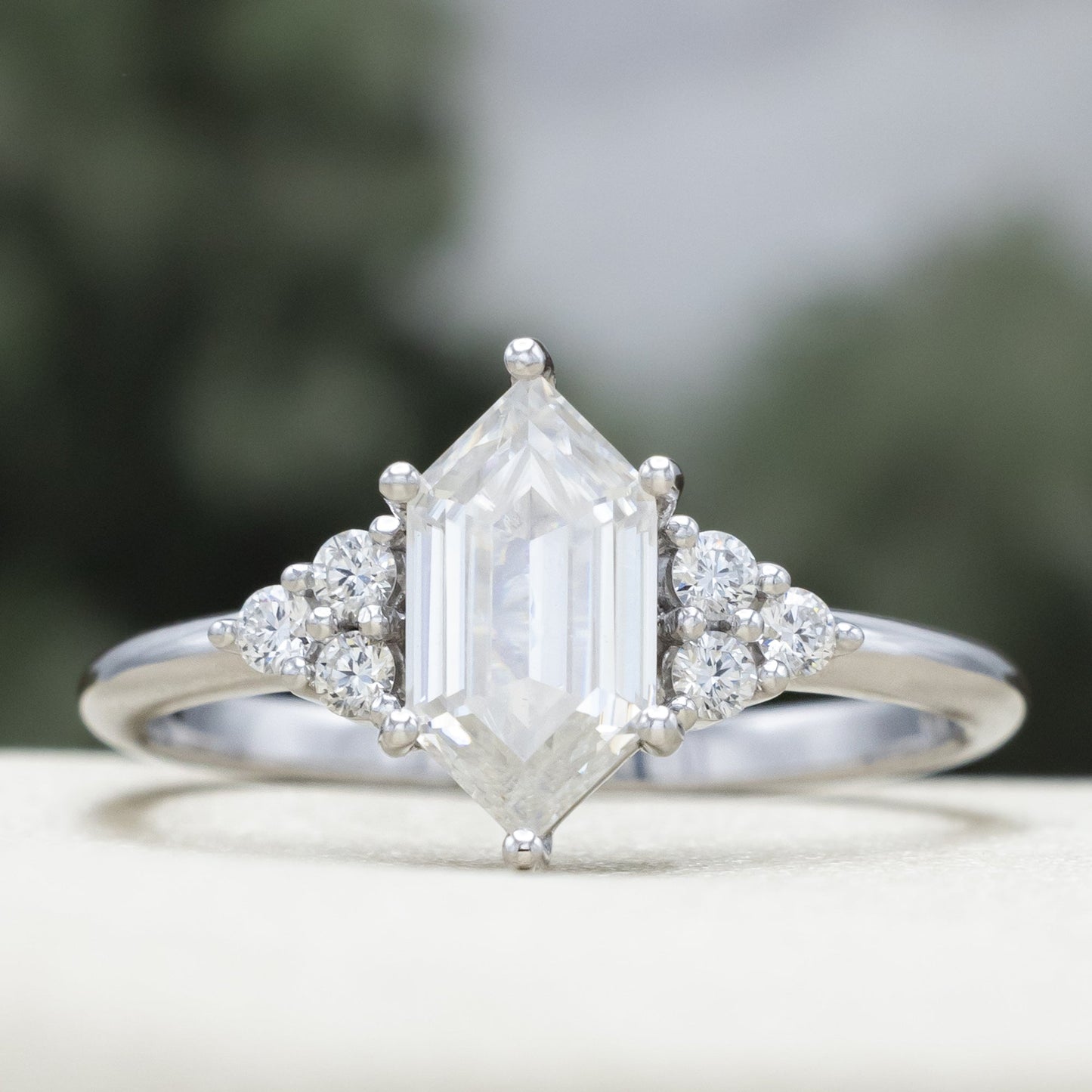 "Octavia" - Elongated Hexagon Cut Moissanite Engagement Ring With Diamond Accents