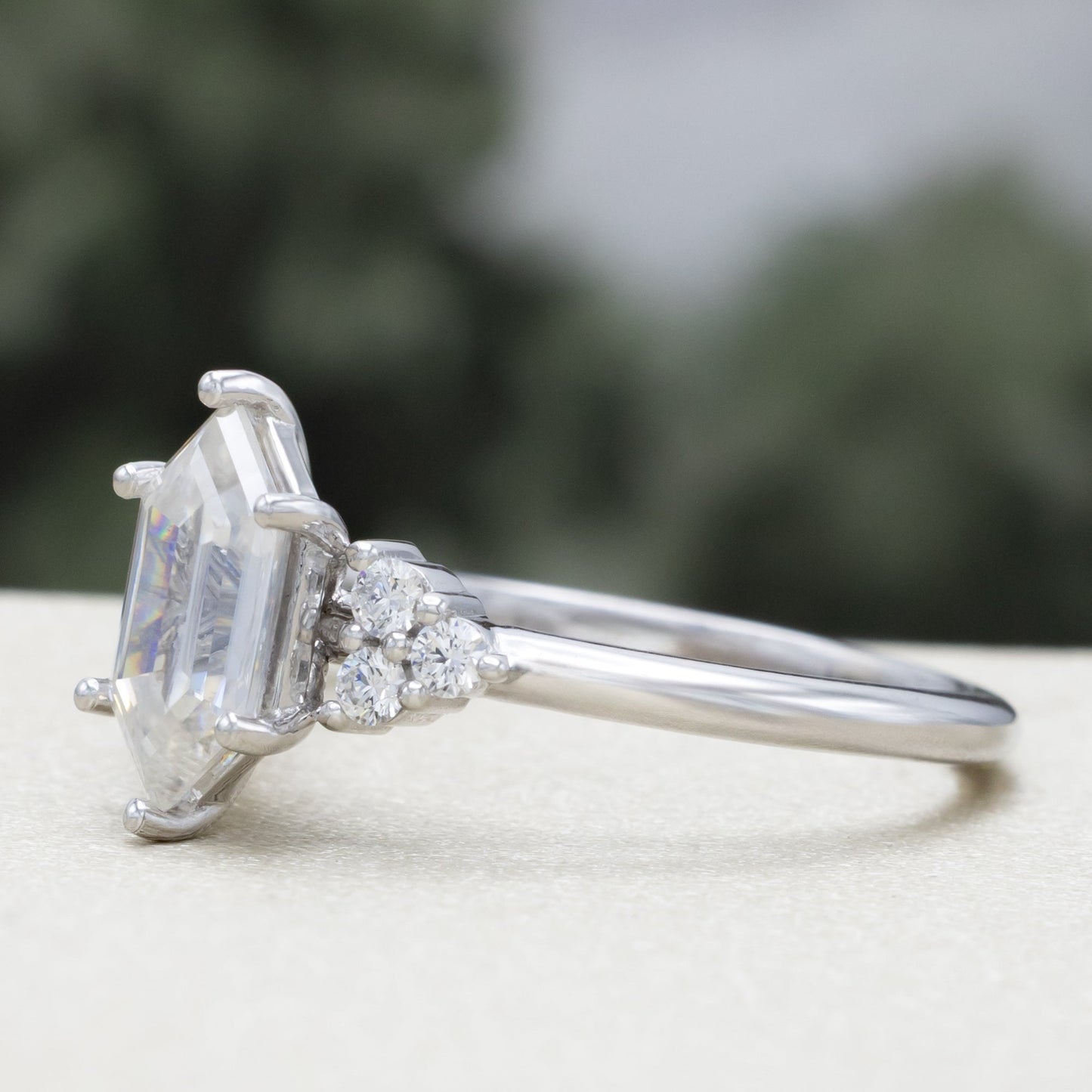 "Octavia" - Elongated Hexagon Cut Moissanite Engagement Ring With Diamond Accents