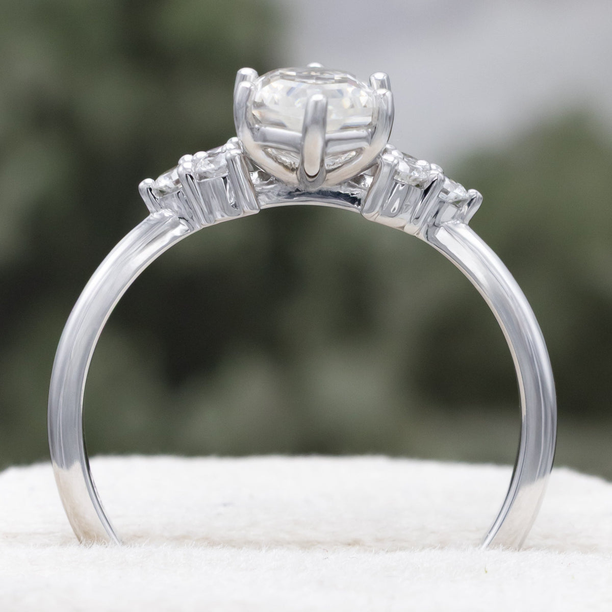 "Octavia" - Elongated Hexagon Cut Moissanite Engagement Ring With Diamond Accents