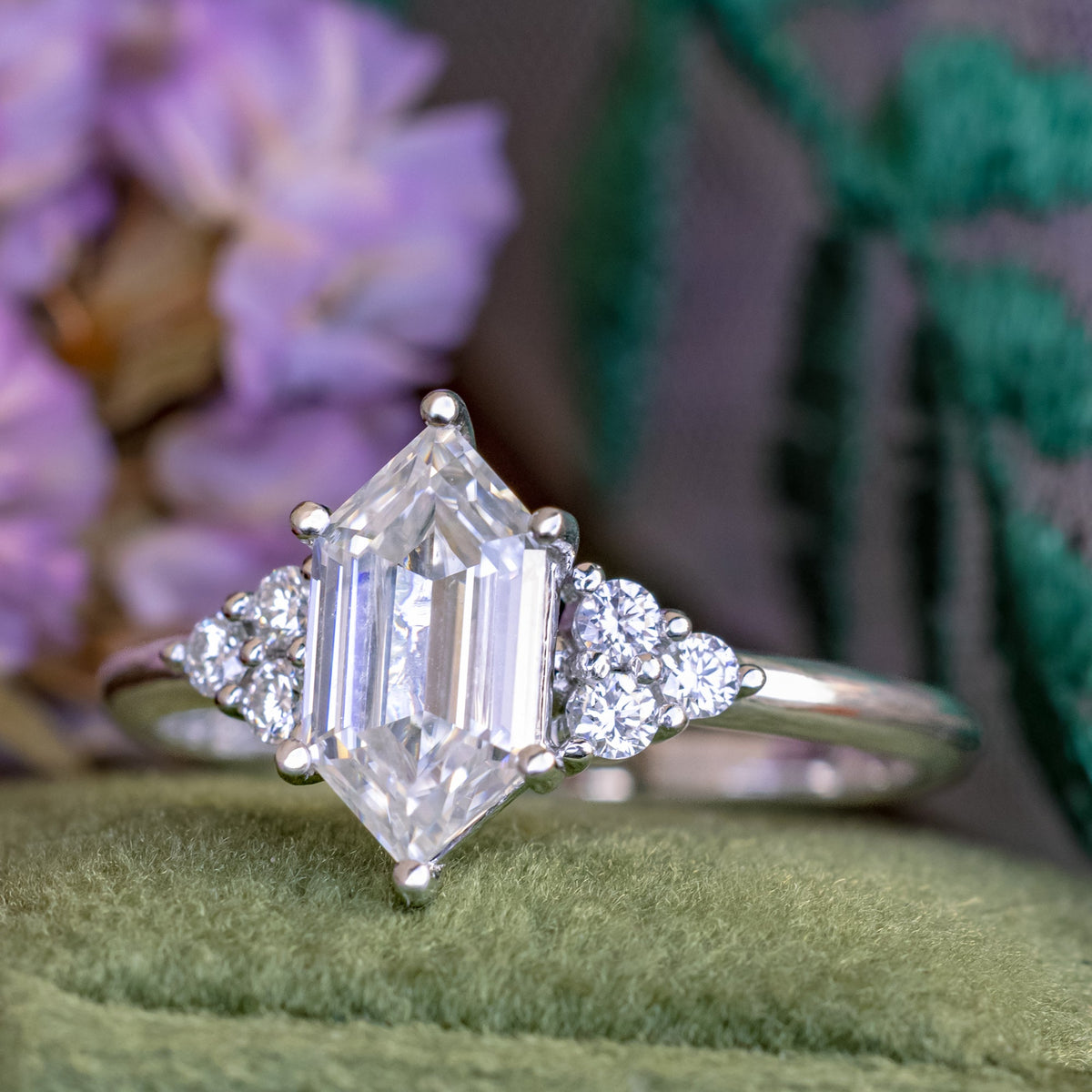 "Octavia" - Elongated Hexagon Cut Moissanite Engagement Ring With Diamond Accents