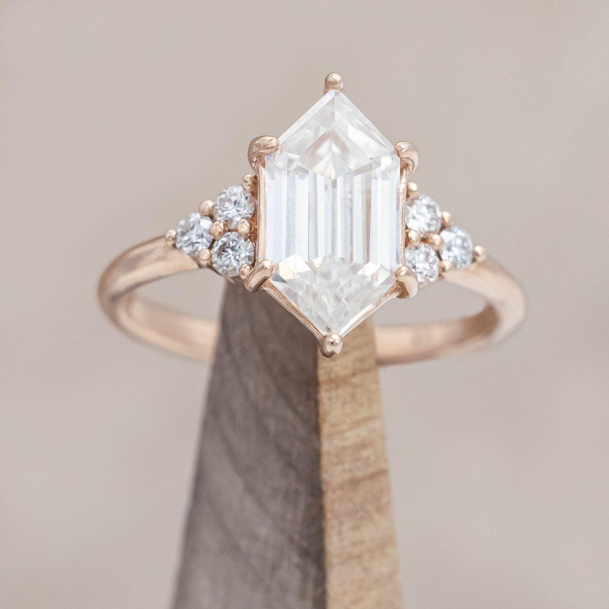 "Octavia" - Elongated Hexagon Cut Moissanite Engagement Ring With Diamond Accents