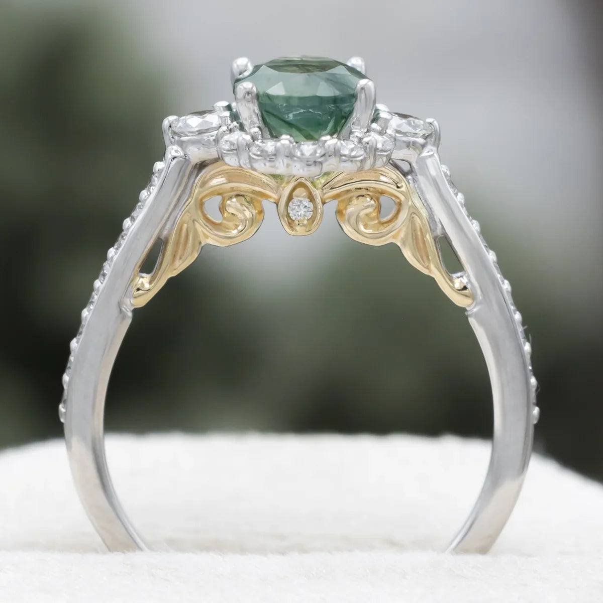 "Ophelia" - Oval Cut Moss Agate Engagement Ring With Diamond Halo & Accents - 14K White Gold - Size 6 1/2