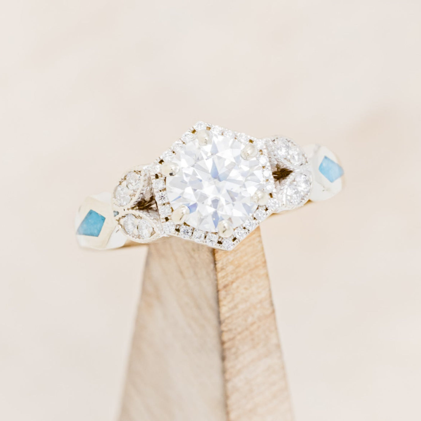 "Lucy In The Sky" Petite - Round Cut Moissanite Engagement Ring With Diamond Accents & Turquoise Inlays