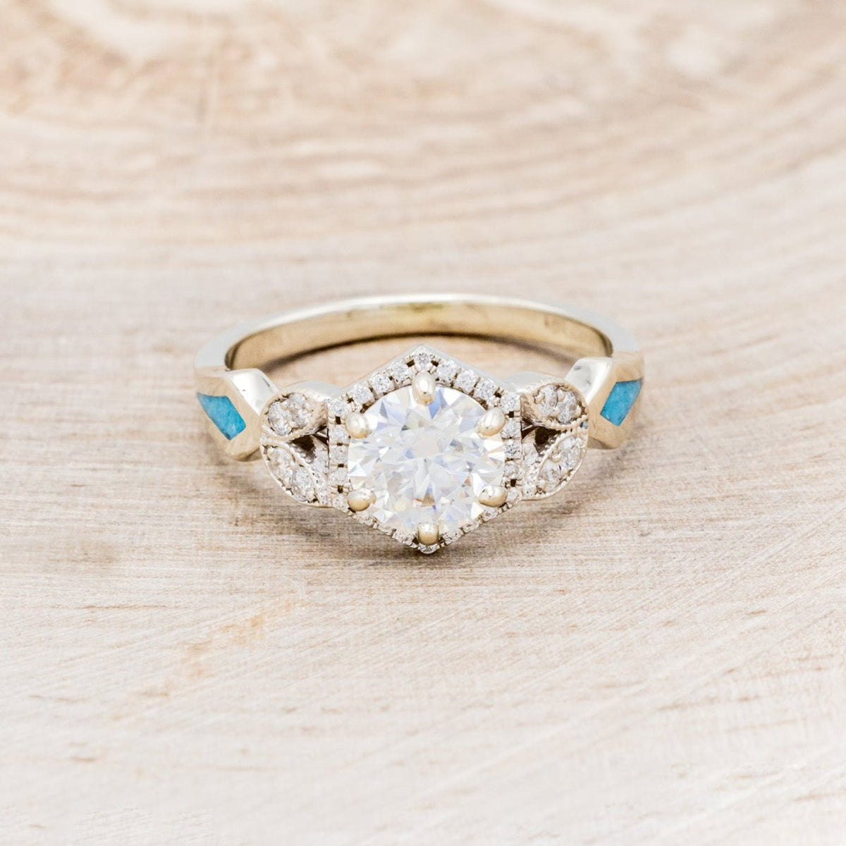 "Lucy In The Sky" Petite - Round Cut Moissanite Engagement Ring With Diamond Accents & Turquoise Inlays