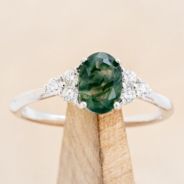 "Rhea" - Oval Cut Moss Agate Engagement Ring With Diamond Accents