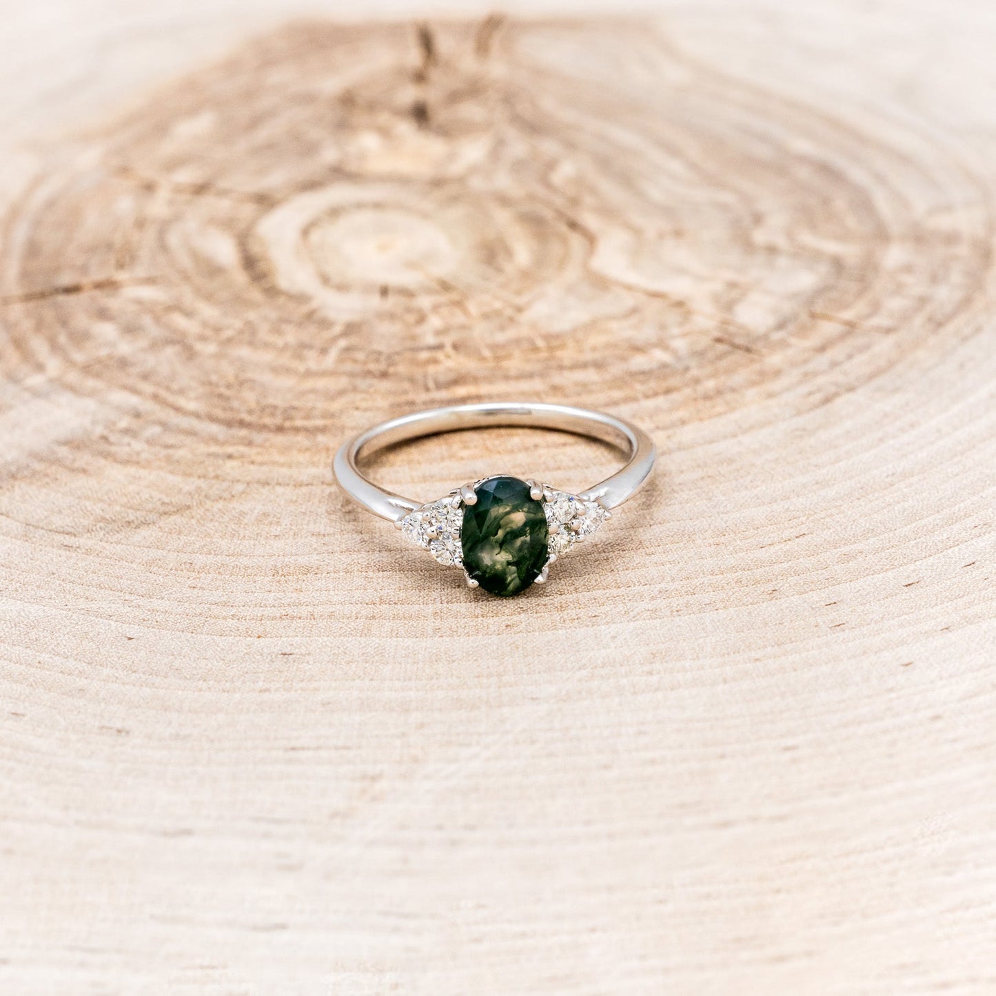 "Rhea" - Oval Cut Moss Agate Engagement Ring With Diamond Accents