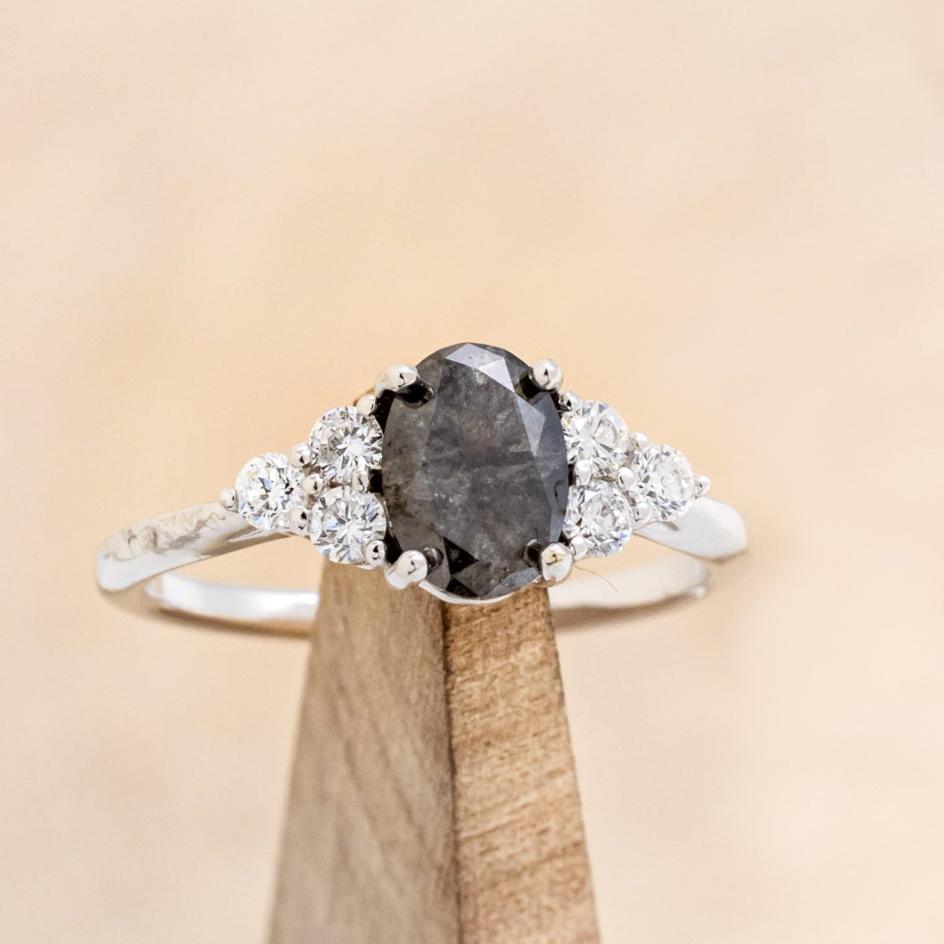 "Rhea" - Oval Cut Salt & Pepper Diamond Engagement Ring With Diamond Accents