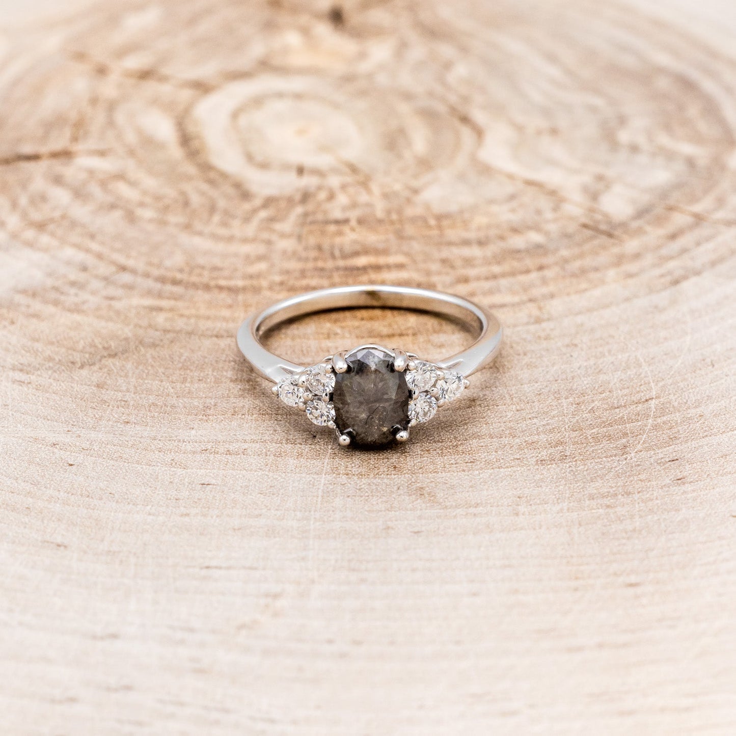 "Rhea" - Oval Cut Salt & Pepper Diamond Engagement Ring With Diamond Accents