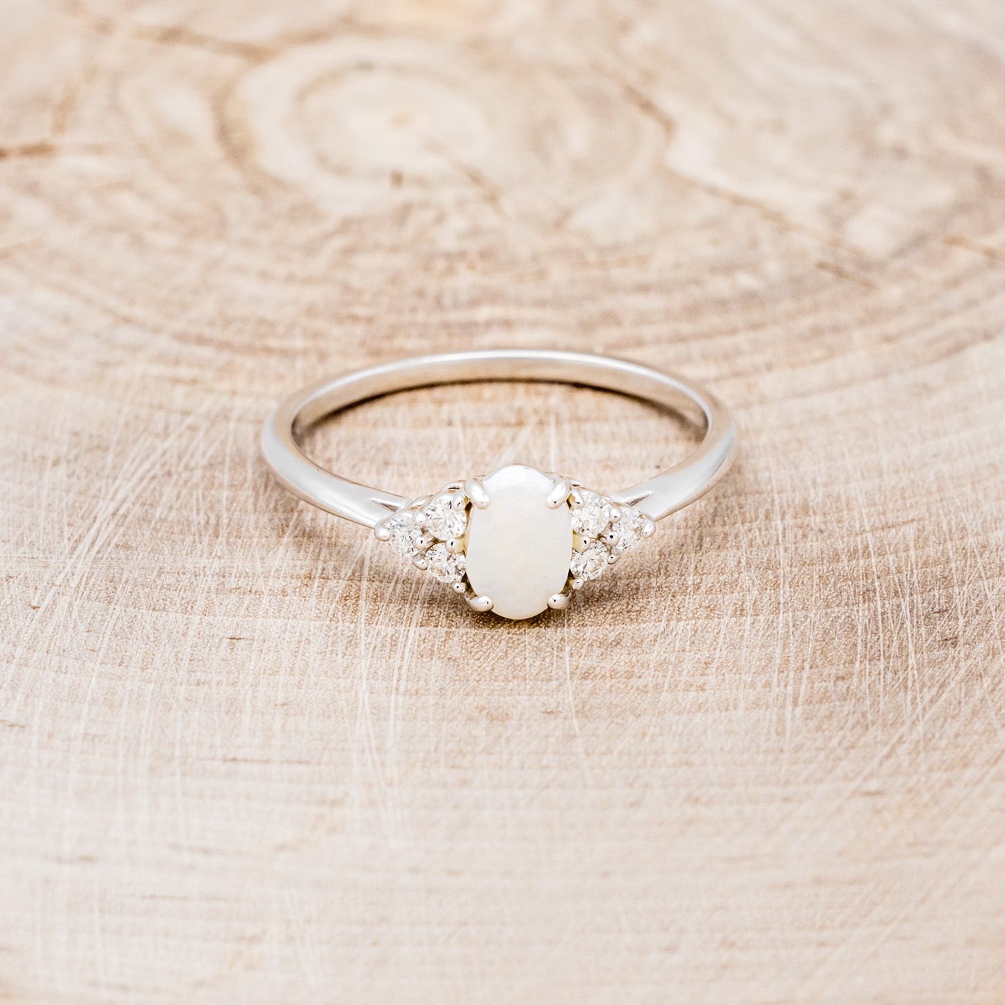 "Rhea" - Oval Cabochon Cut White Opal Engagement Ring With Diamond Accents