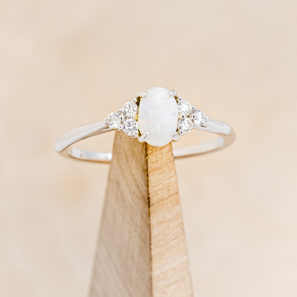 "Rhea" - Oval Cabochon Cut White Opal Engagement Ring With Diamond Accents