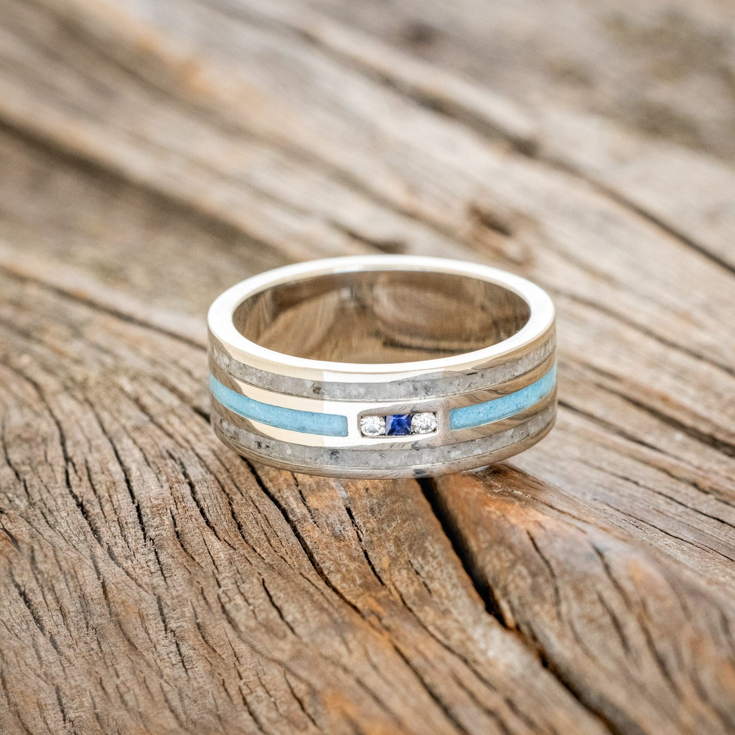 "Rio" - Genuine Blue Sapphire, Diamonds, Turquoise & Moonstone Wedding Band - 14K White Gold (8mm) - Size 6 3/4