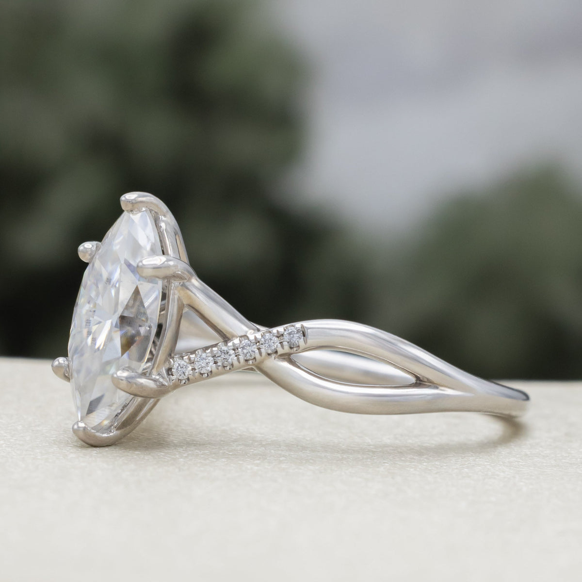 "Roslyn" - Marquise Cut Moissanite Engagement Ring With Diamond Accents