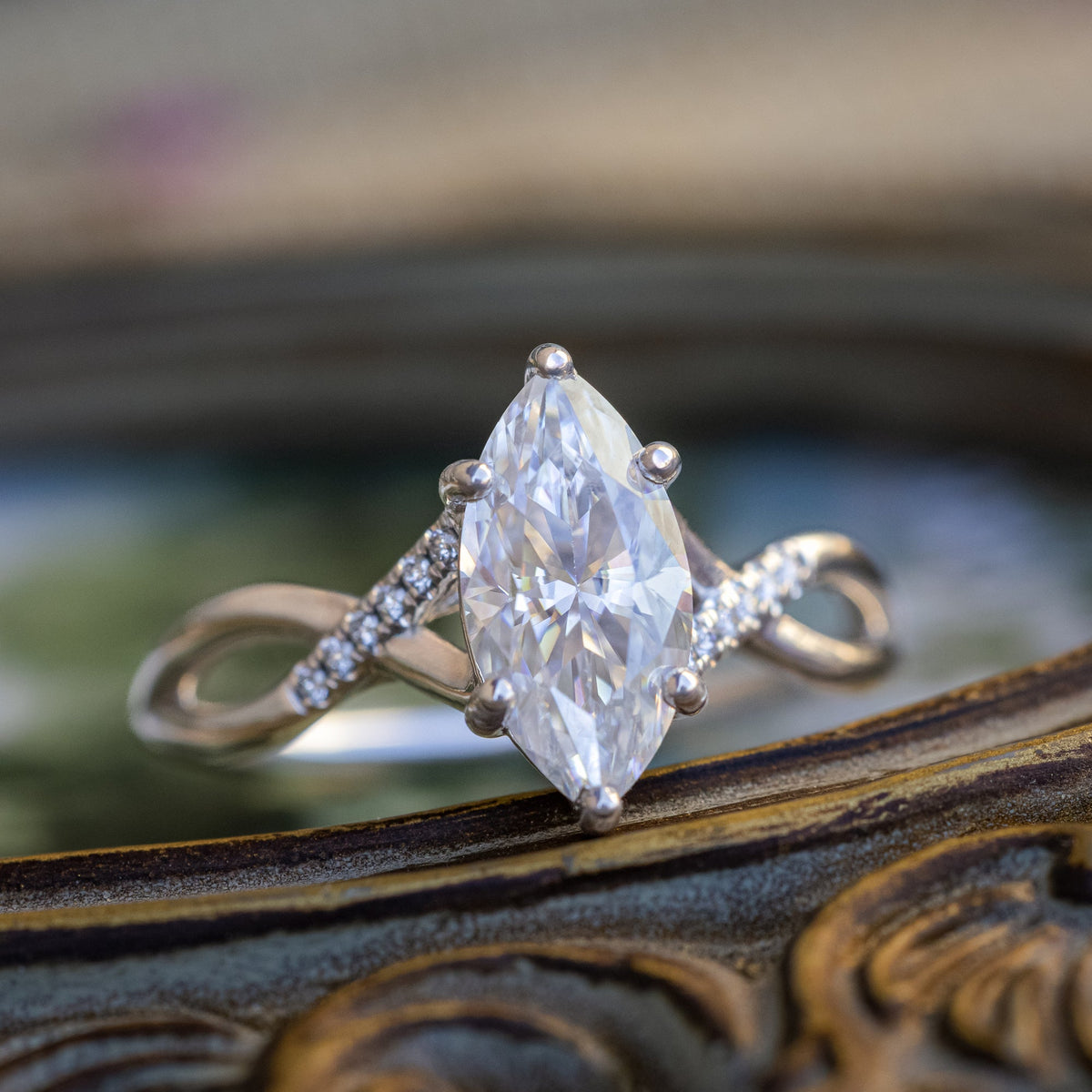 "Roslyn" - Marquise Cut Moissanite Engagement Ring With Diamond Accents